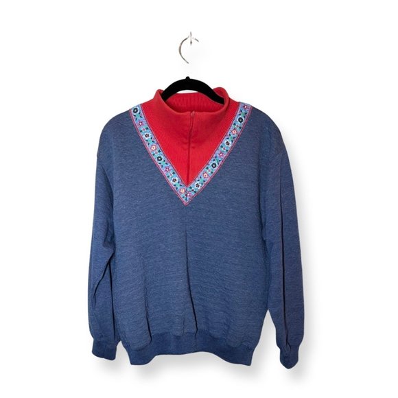 Vintage Grannycore Navy Blue and Red Turtleneck & Zip Collar Sweatshirt - Picture 3 of 9